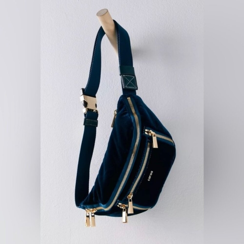 NWOT Free People Deep Teal Velvet Crossbody Belt Bag with Gold Hardware